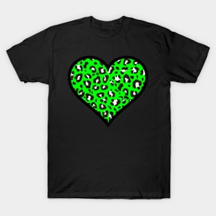 Bright Green, Black and White Leopard Print Heart T-Shirt